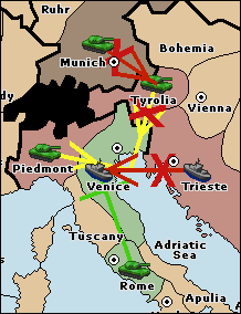 An army from Munich attacks Tyrolia, preventing it from supporting Trieste: Trieste 1 - Venice 1; Trieste stays