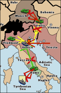 A fleet in the Tyrrhenian Sea attacks Rome, preventing it from supporting Venice: Trieste 1 - Venice 0; Trieste moves in