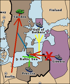 Because Prussia is support-holding the fleet in the Baltic Sea the equally supported move to the Baltic Sea from Livonia fails: 
			This allows the fleet in the Baltic Sea to successfully convoy an army from Berlin to Sweden